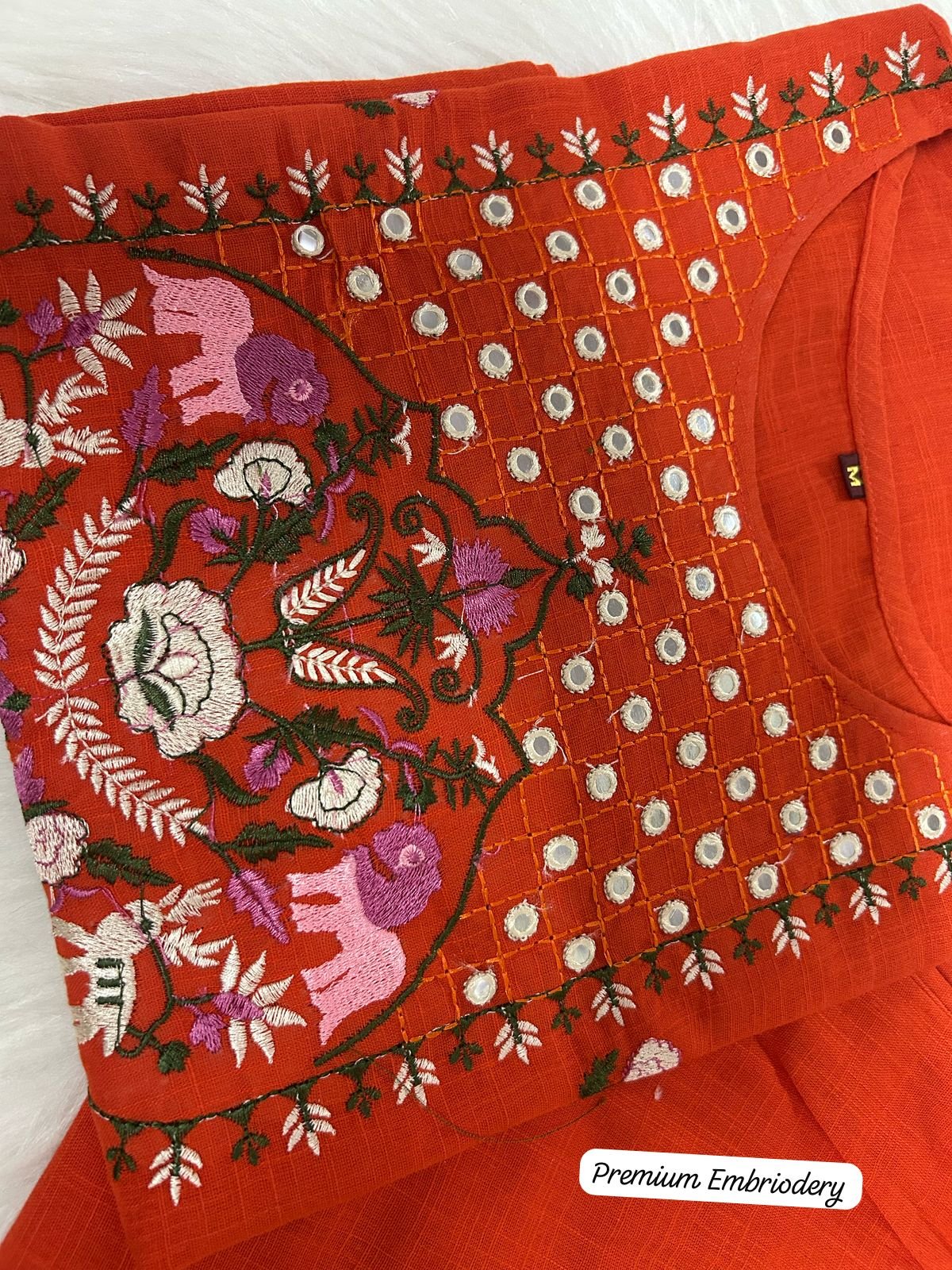 Orange Cotton Chikankari Embroidered Kurti Set